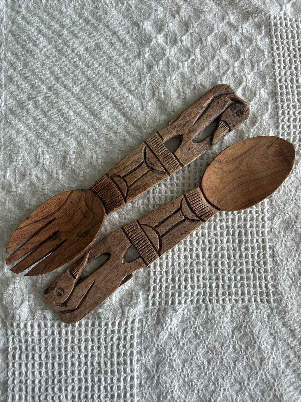Vintage Hand Carved Bird Wooden Salad Server Set